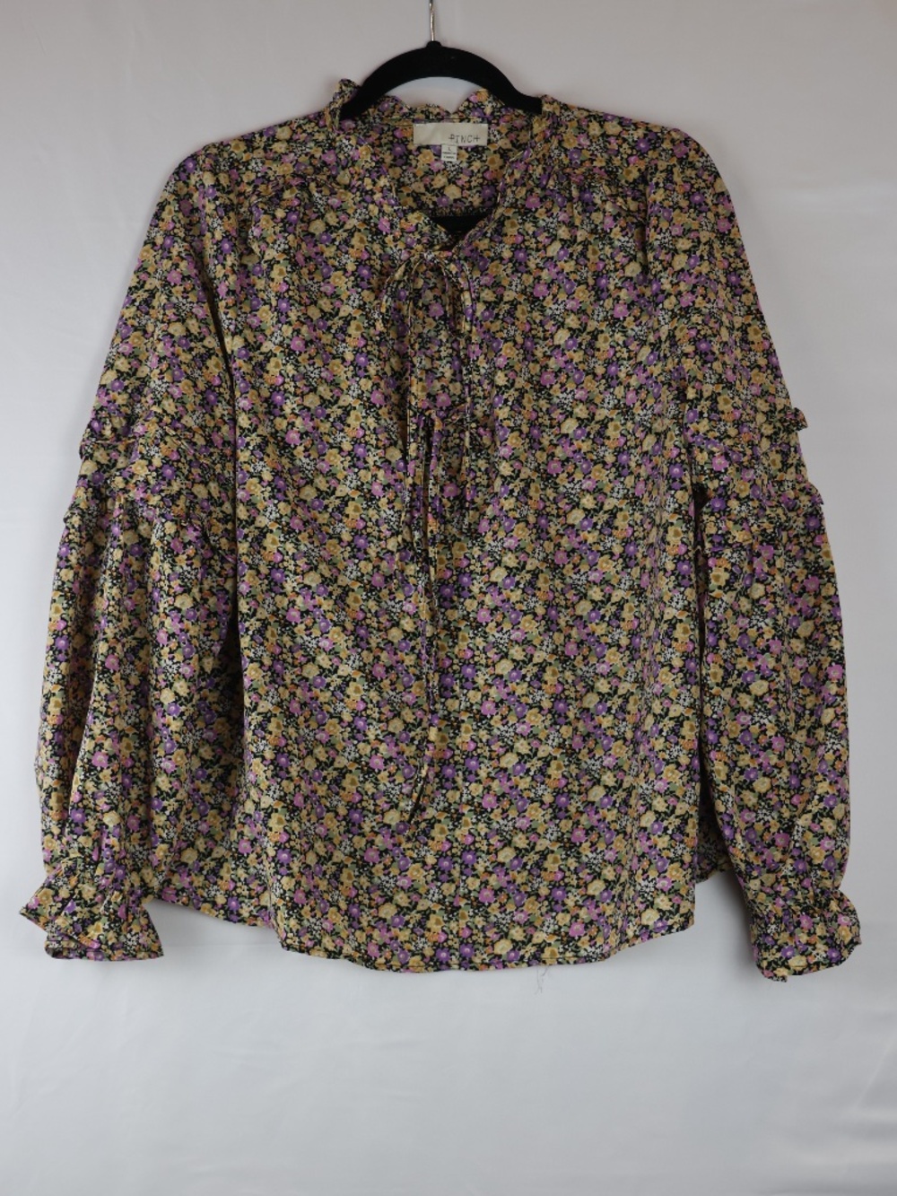Pinch Yellow and Purple Floral Tie-Neck Blouse